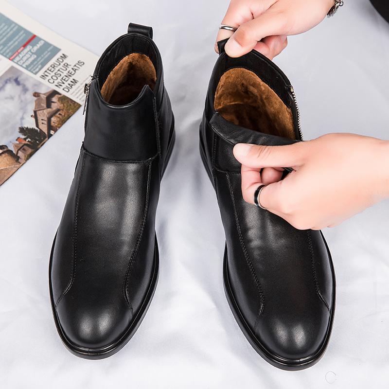 FashionGenuine Leather ankle Boots Men's High Top plush Warm Mens Short Boots Anti-slip Bota Masculinas De Couro Bottines Bottes Hommes