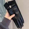 Leather gloves winter women's velvet thickened warm windproof cold outdoor riding electric car can be five fingers tide