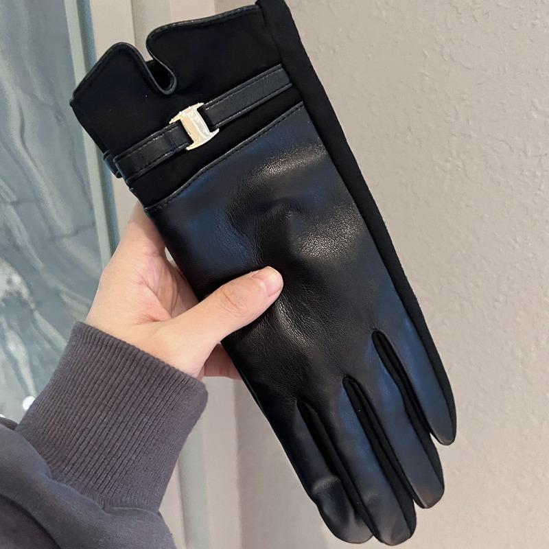 Leather Gloves Winter Women's Velvet Thickened Warm Windproof Cold Outdoor Riding Electric Car Can Be Five Fingers Tide