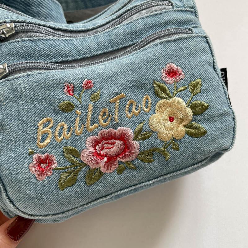 Borsa a Tracolla in Denim da Donna con Ricamo di Gattino Cartone Animato e Multi-scomparti
