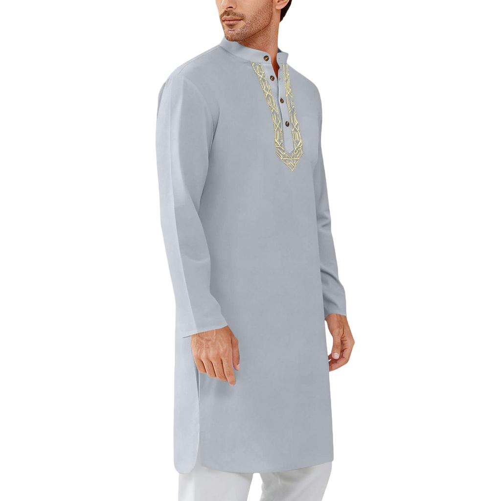 Mens Kaftan Thobe Button Down Casual  Shirts Long Sleeve Robe Cotton Linen Muslim Gown Shirt