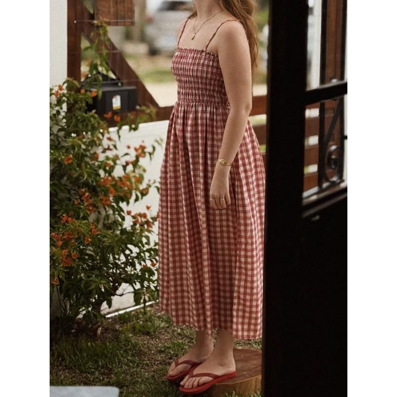 Women Casual Plaid Cinched Waist Spaghetti Strap Long Maxi Dress For Daily Vacation