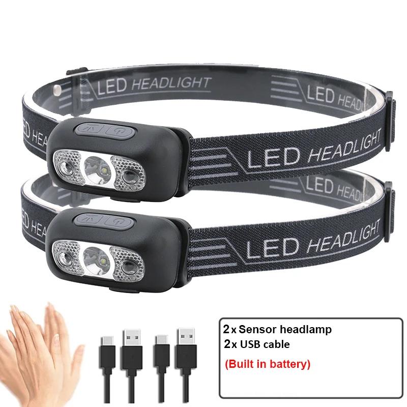 Mini LED Headlamp USB Rechargeable Headlight Wave Sensor Head Flashlight Outdoor Houshold Lamp for Camping Hiking Emergency Fish