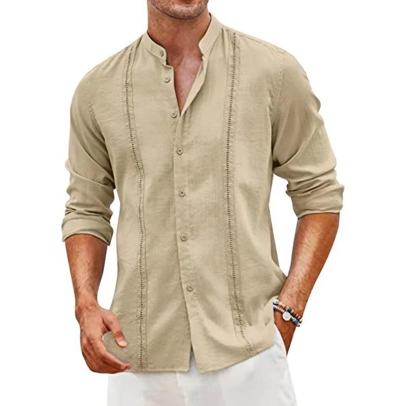 

Cotton Linen Shirt Stand-up Collar European and American Men s Casual Buttons Summer Beach Vacation S хаки