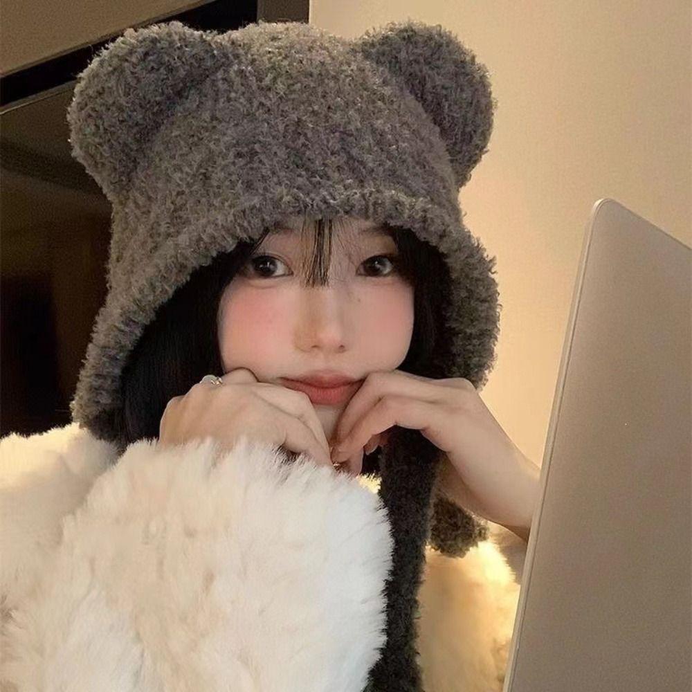 Lace-up Ear Protection Hat Warm Plush Beanie Cap Cute Bear Ears Knit Hat Cold Weather
