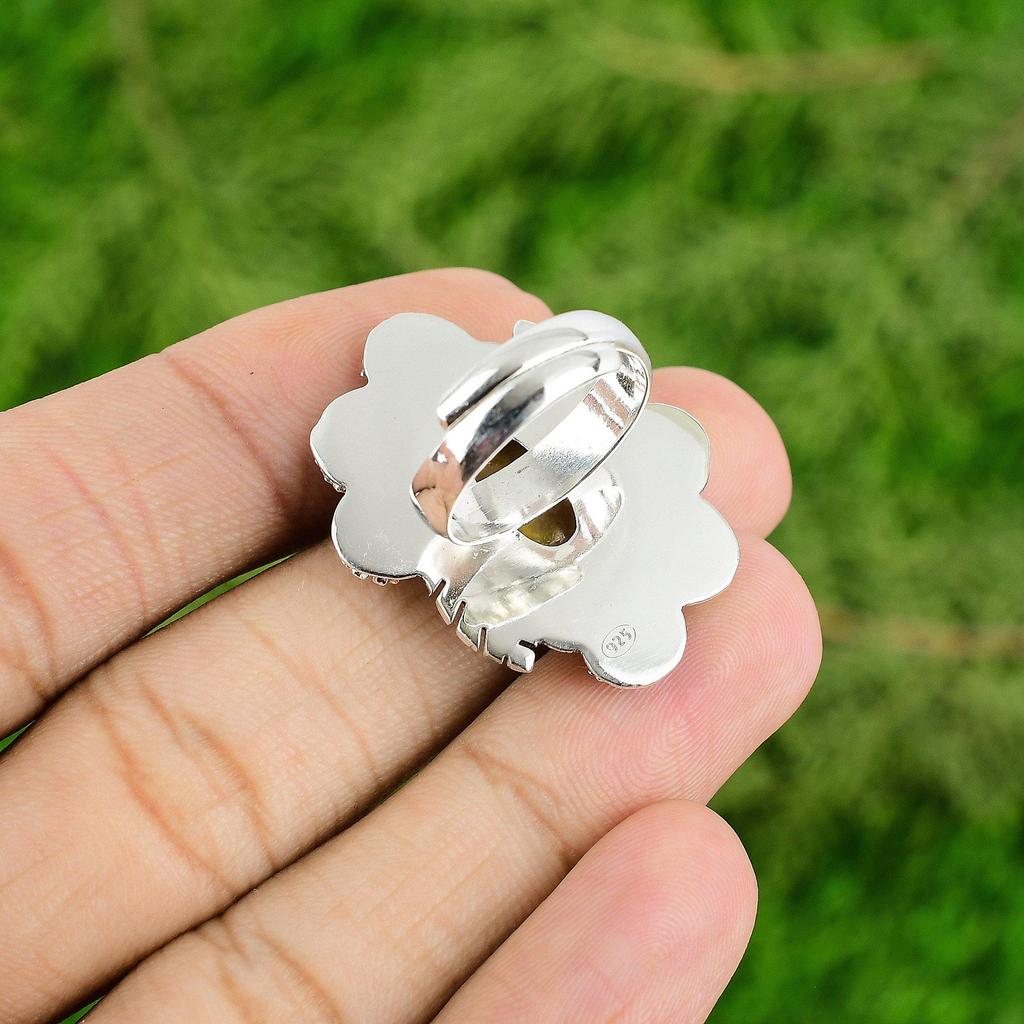 Natural Fossil Coral Statement Flower Adjustable Ring 925 Silver For Girls