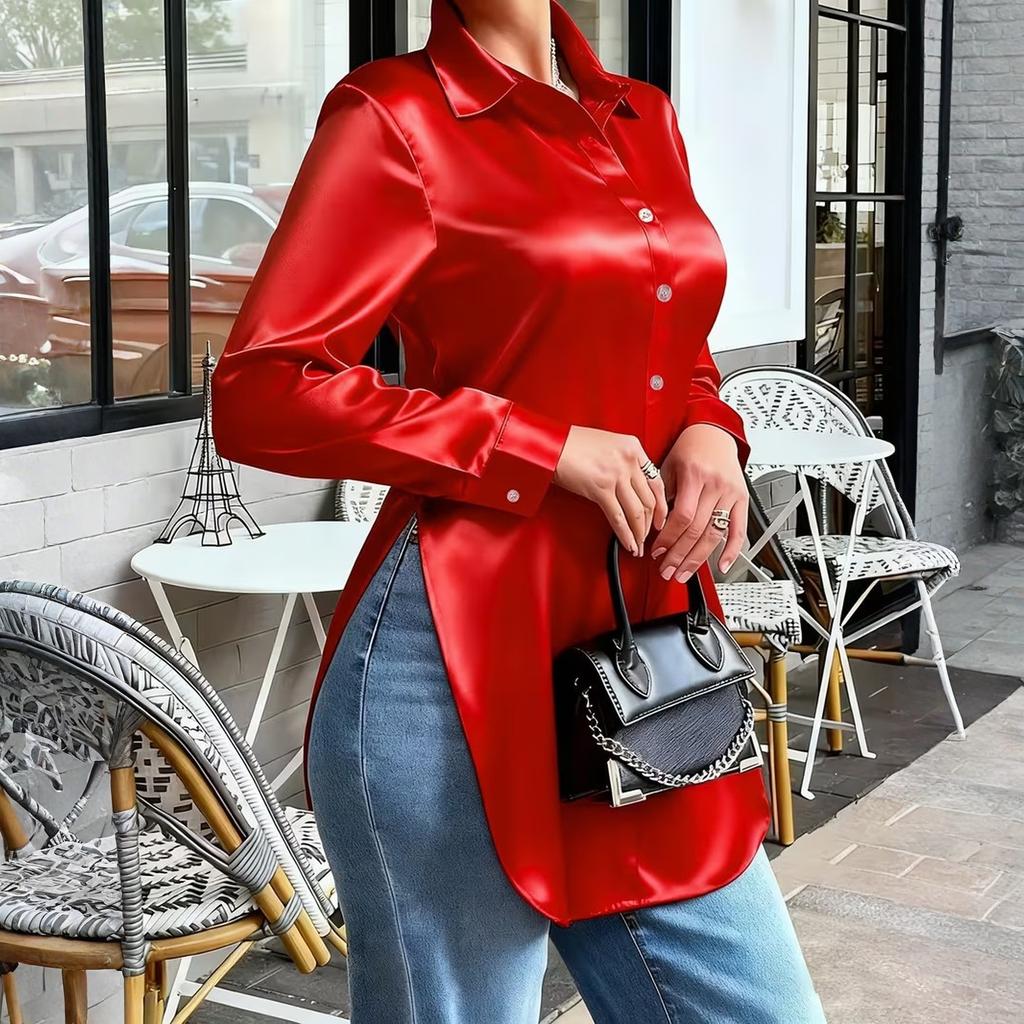 Modna damska, dopasowana, z nieregularnym dołem, długim rękawem, satynowa koszula