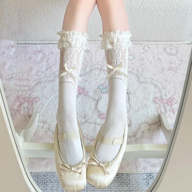 Ballet style socks cream lace girl bow short tube socks ribbon gentle sweet cute JK calf socks