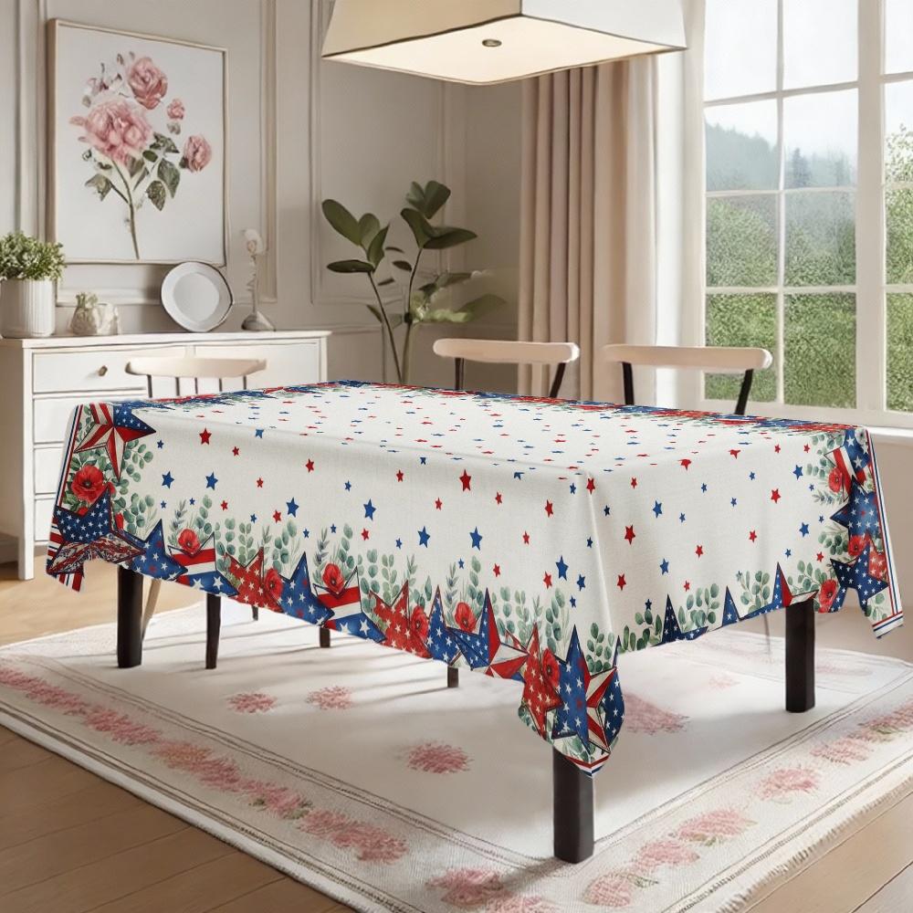 Independence Day Flower Wreath Waterproof Rectangular Tablecloth Red Blue Flower Star USA Flag Tables Cover for Dinner Kitchen