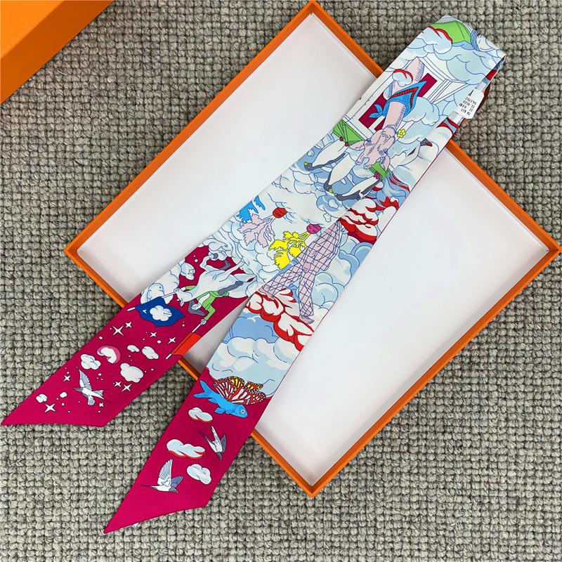 POBING Wheel Print 18m/m Twill Silk Scarves Women Luxury Brand Scarf Bag Ribbons Tie Head Scarf Small Long Skinny Scarf 86*5CM