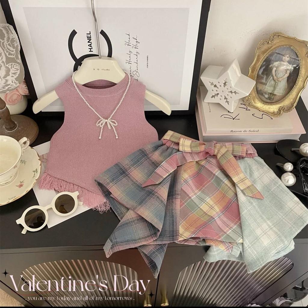 Summer Girls Sweet Two Piece Set With Tassel Vest And Playful Checkered Skir