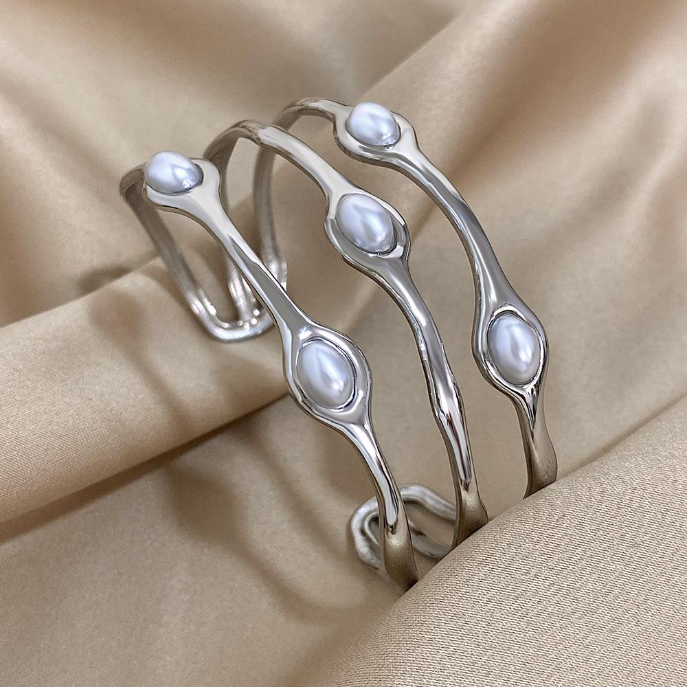 Vintage Layered Gold Plated Pearl Stainless Steel Bracelets for Women Men Bohemia Wide Cuff Open Wrist Party Jewelry Gift