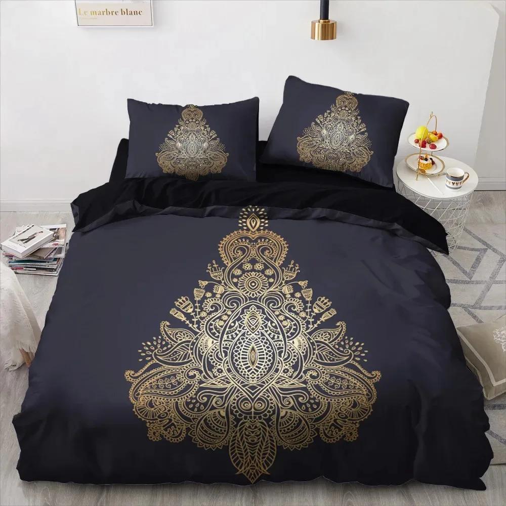 3D Black Only Gold Design Printed Duvet Cover Set Bohemia Luxury High-End Black Bedding Sets Quilt Comforter Cover Set Full Size