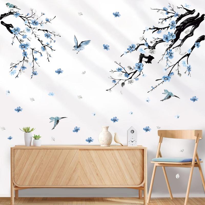 Branch and Bird Cherry Blossom Wall Stickers Self-Adhesive Peach Flower Wallpaper Decals for Living Room Bedroom Home Decor
