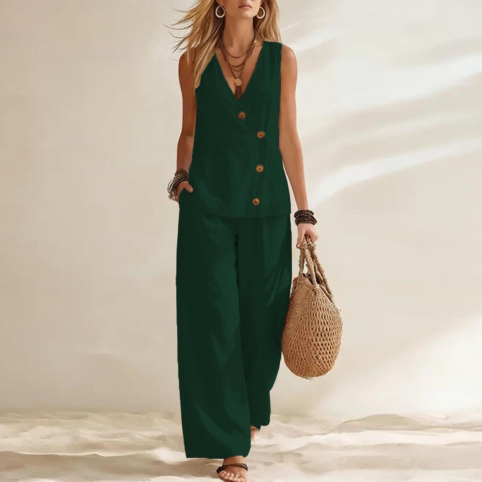 

Women Summer Cotton Linen Button Down Cardigan and Wide Leg Pants Two Piece Set Casual Loose Fit Holiday Outfit XXL циан