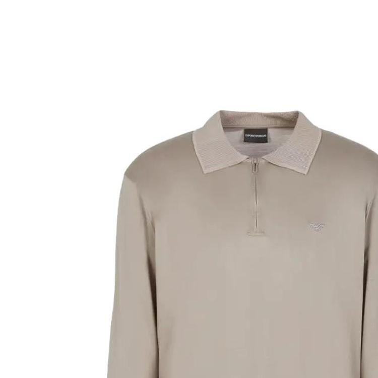 Emporio Armani FW23 Solid Color Small Logo Embroidered Pullover Long Sleeve Polo Shirt Men Tops Gray Beige 6R1F85-1JUVZ-0643