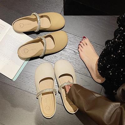 Fashion Bright Diamond Half Tray Single Shoes Soft Sole Sandals 2025 New Versatile Bag Head Half Slippers Women's Spring and Autumn
