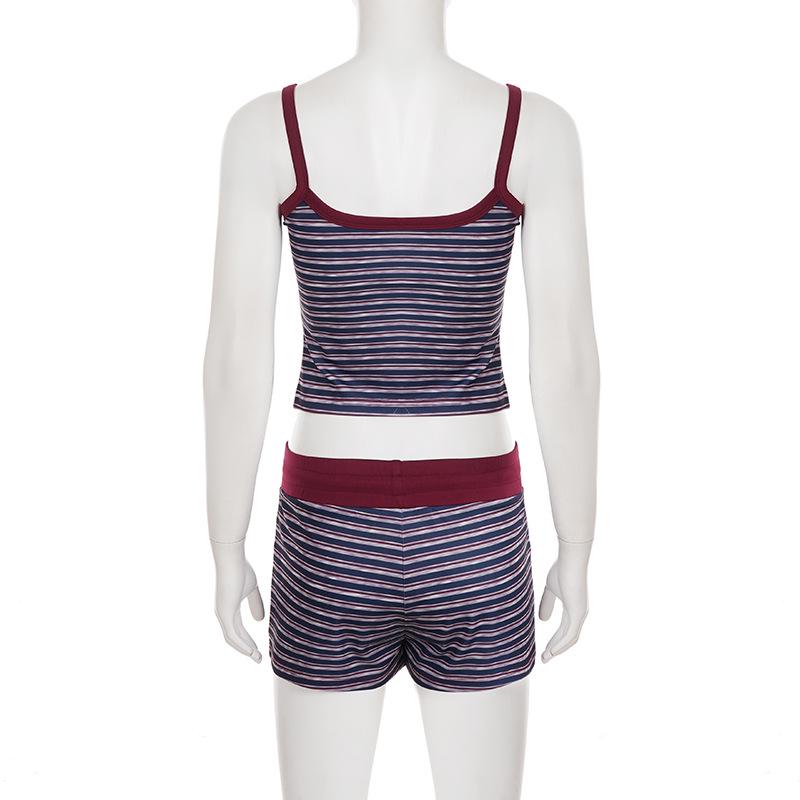 BM Style European & American Slim Crop Top & Shorts Set – Striped Camisole & Shorts for Women