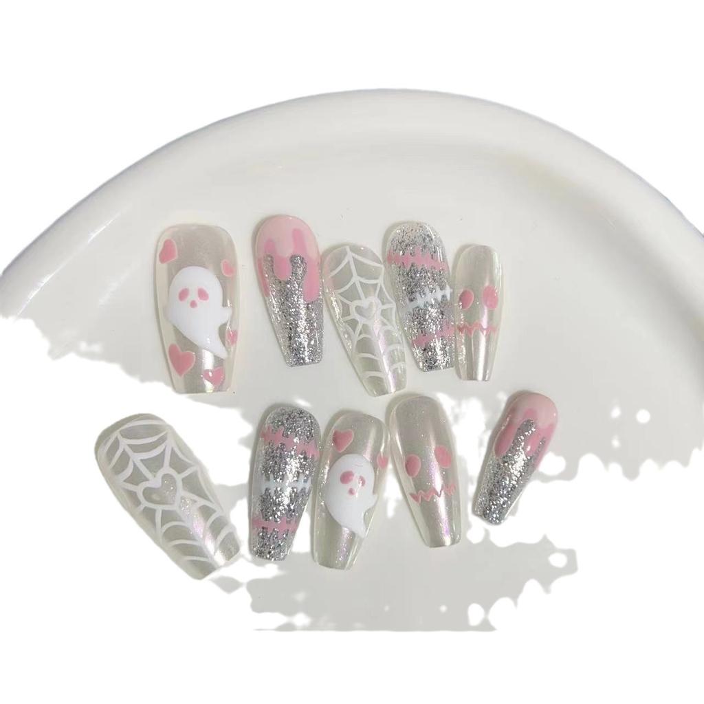 Wearing Armor Handmade Manicure Finished Product Fake Nail Patches Cute Cartoon Hand-painted Halloween Magic Ghost