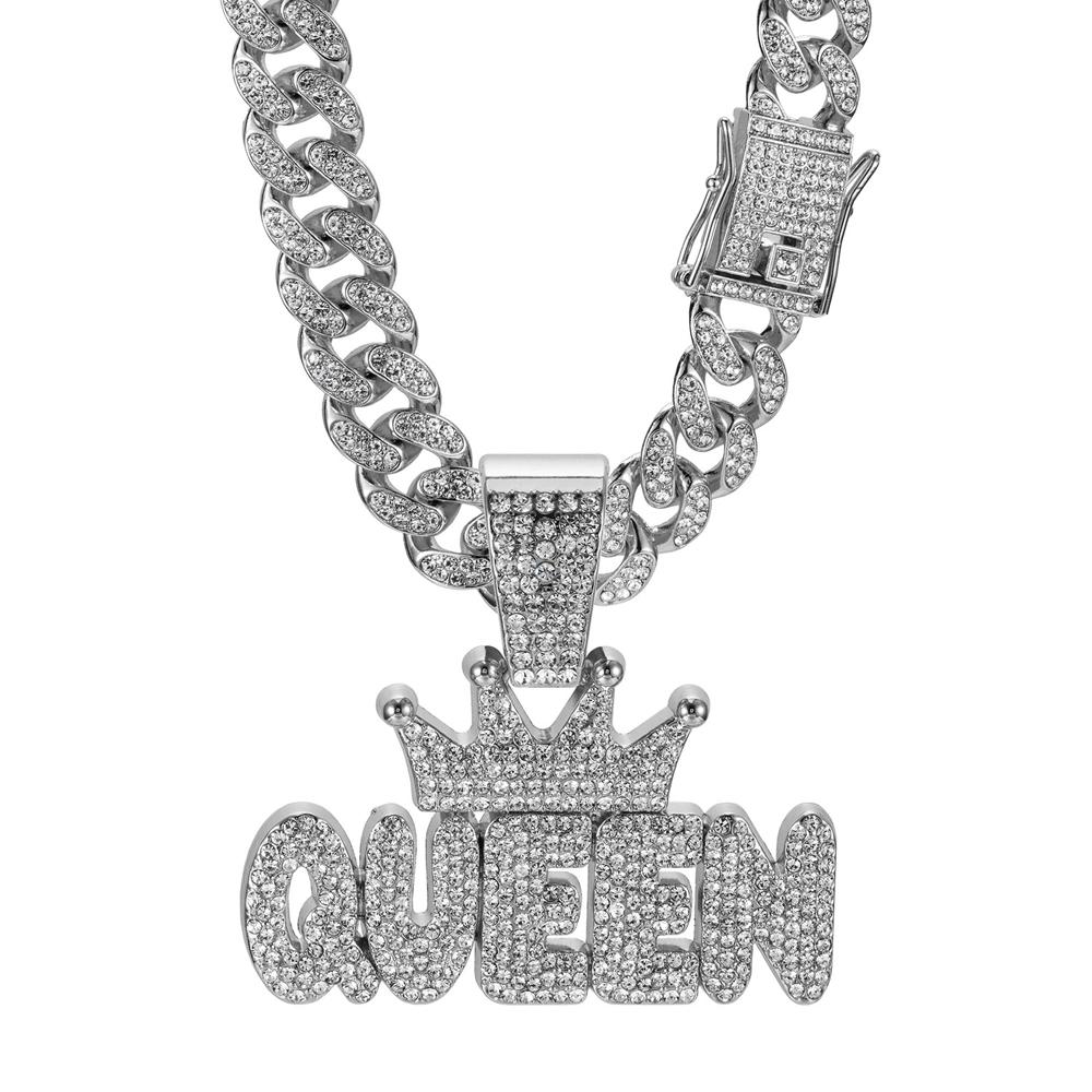 Collar con Colgante de Corona Hip Hop para Hombre con Letra QUEEN para Mujer Cadena Cubana de Cristal con Diamantes de Imitación Collares Bling Congelados Joyería Rock Biker