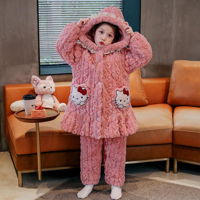Girls Winter Warm Coral Fleece Pajama Set 3-Layer Quilted Sleepwear Cartoon Animal Print Kid Home Outfit