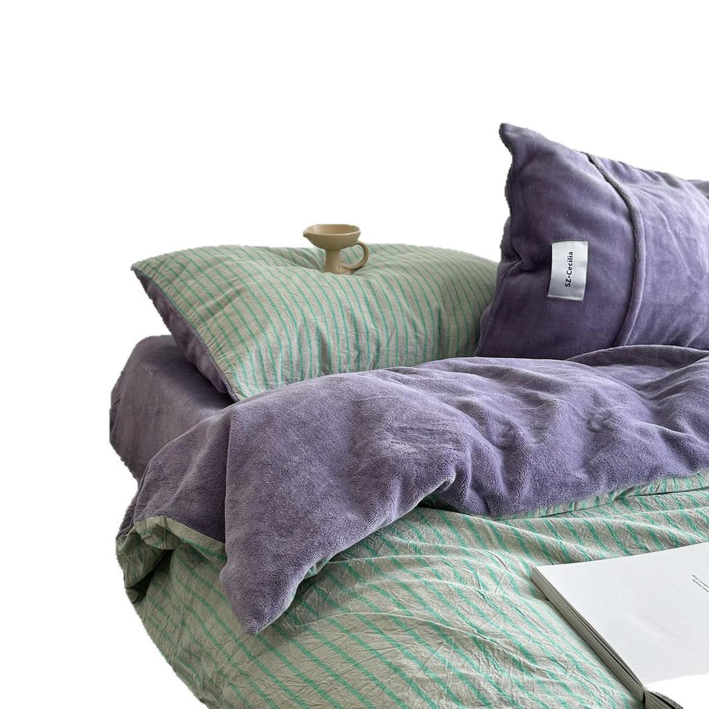 G5Z Winter Luxury Striped Flannel 4-Piece Set: Thickened Cotton Duvet Cover & Bed Sheet