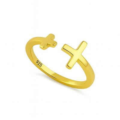 925 Sterling Silver Gold Vermeil Double Cross Open Band Adjustable Women Ring