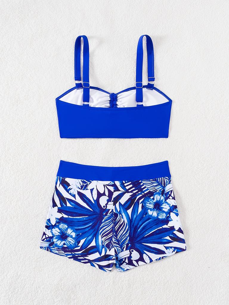 Bikini de Dos Piezas con Estampado de Bloques de Color de Moda con Cordón en el Pecho y la Cintura Moda Para Vacaciones