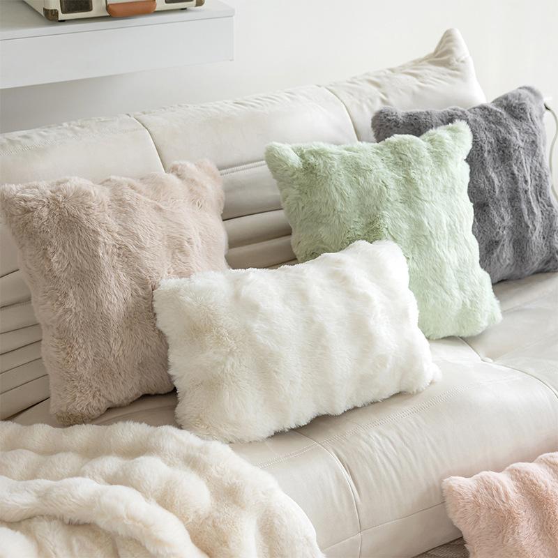 Winter Sofa Imitation Rabbit Fur Bubble Velvet Pillow Solid Color Home Bedroom Model Room Decorative Pillow Case