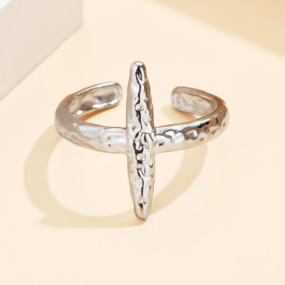 European & American Retro Geometric Cross Ring, Women’s Irregular Hammered Stainless Steel