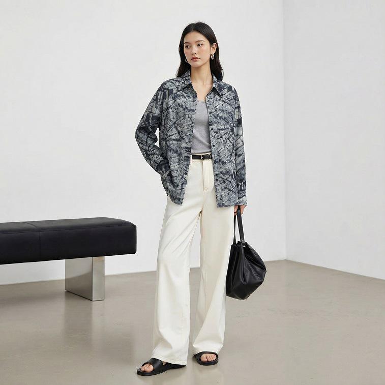 Women's Retro Print Mulberry Silk Long Sleeve Shirt - Spring New Arrival, Mid-Length & Loose Fit
