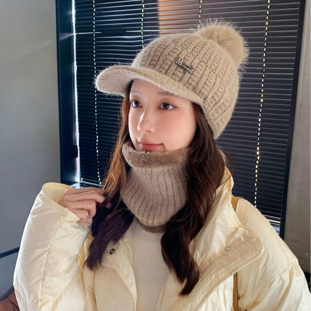 Wool Hat Women's Hat Women's Autumn and Winter Knitted Hat Winter Warm Velvet Thickened Ear Protection Scarf