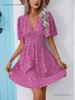 Summer Floral V-Neck Midi Dress with Pleated Skirt and Mid Sleeves