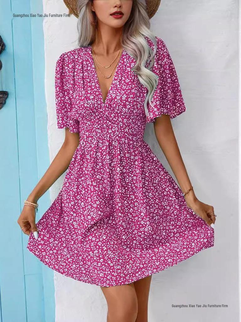 Summer Floral V-Neck Midi Dress with Pleated Skirt and Mid Sleeves