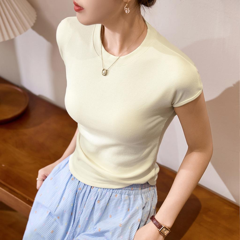 French Style Short-sleeved Women's Summer T-shirt Slim Round Neck Top