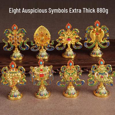 Gilded Nepalese Buddha Statue with Eight Auspicious Symbols and Ritual Offerings
