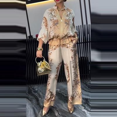 Womens Stand Collar Zip Front Bell Sleeve Top and Wide Leg Pants Set Floral Print