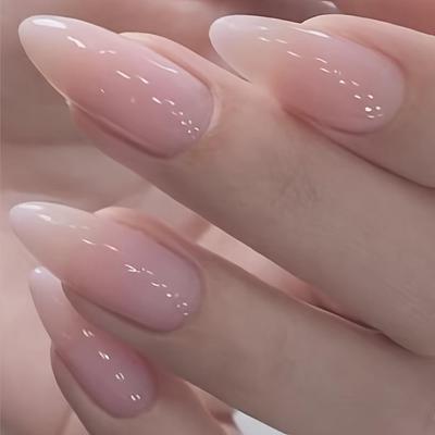 24 ks jaro léto nude bílý lis na nehet středně dlouhý jehlový mandlový falešný nehet nahé růžové s přechodem přirozený design nehtů pro