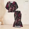 Women Plus Size Printed Round Neck Batwing Sleeve Ruffle Hem Top Fishtail Skirt Two Piece Set