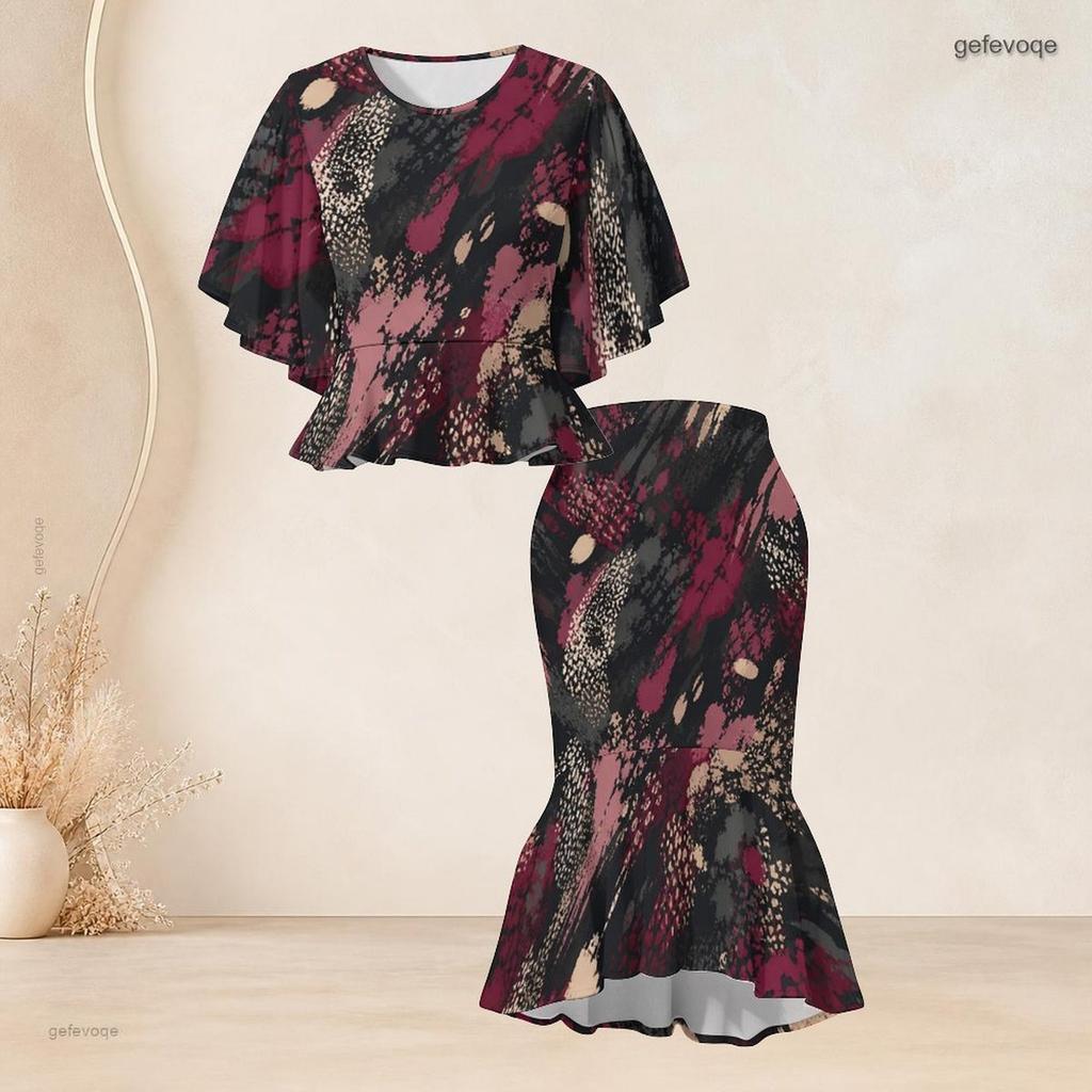 Women Plus Size Printed Round Neck Batwing Sleeve Ruffle Hem Top Fishtail Skirt Two Piece Set
