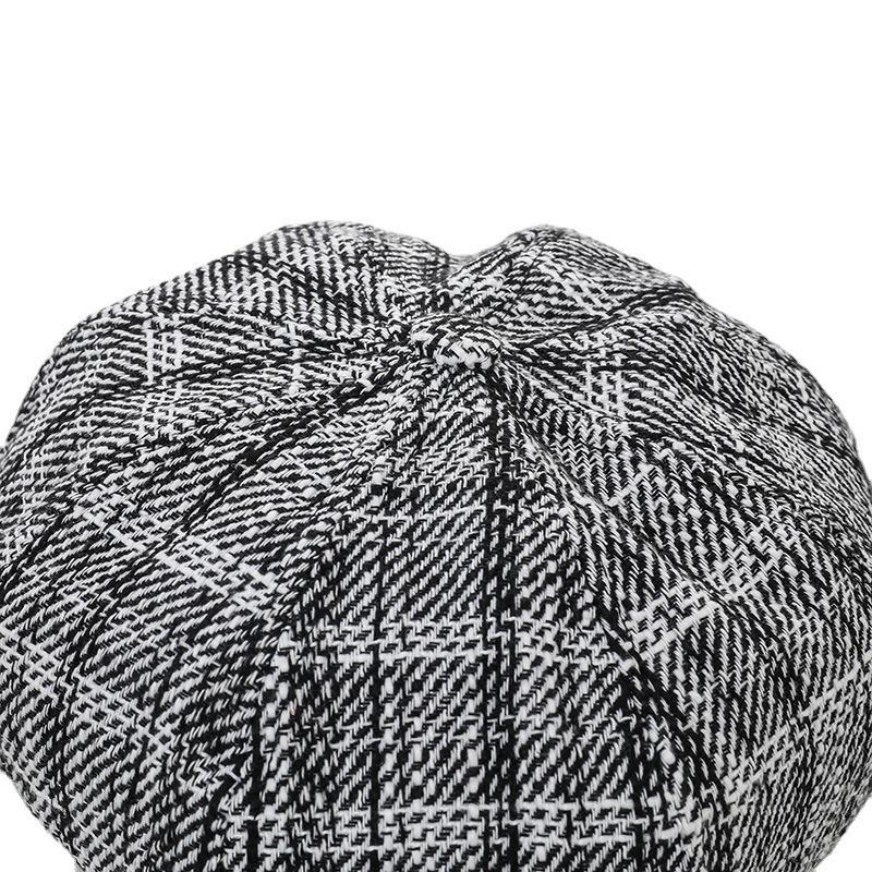 Black and White Cotton New Face-showing Plaid Striped Octagonal Beret Dome Fashionable Women's Hat Brim Strap