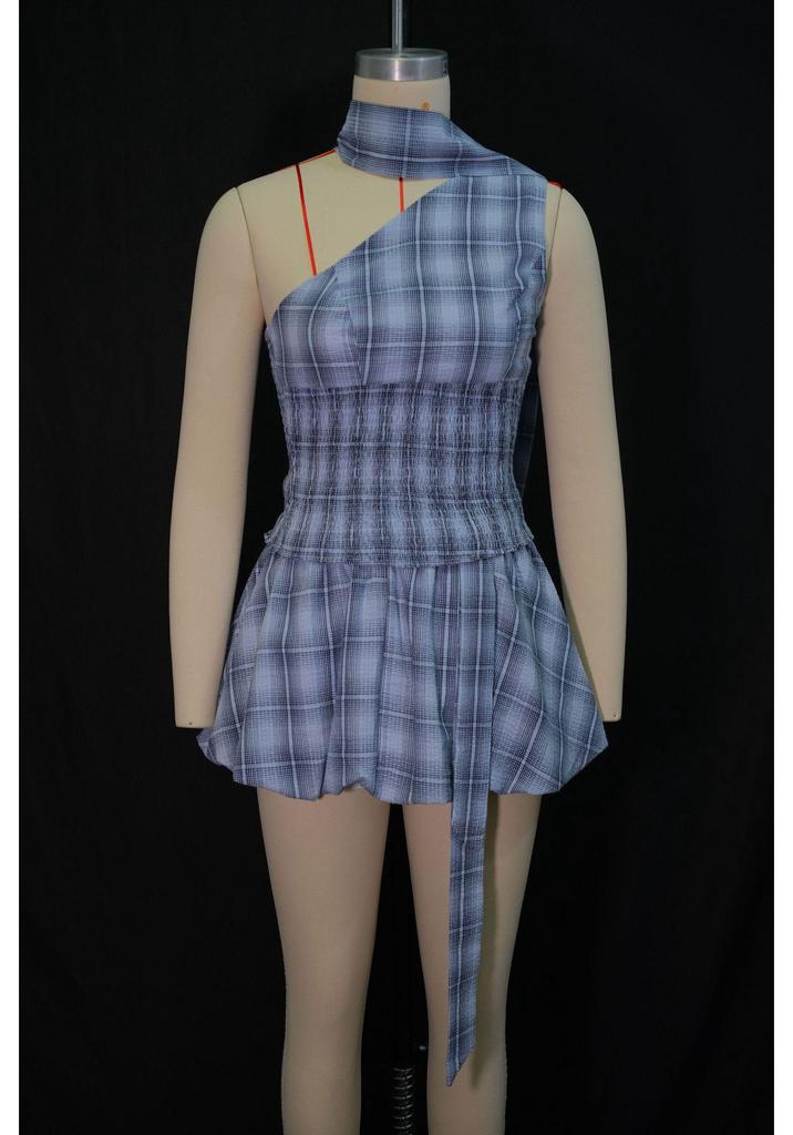 2026 Summer Off-Shoulder Halter Plaid Skirt Set - European & American Women's Fashion