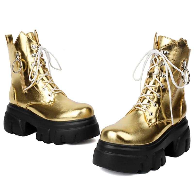 Fashion Platform Ankle Boots for Women New 2024 Winter Black Gold Silver Motorcycle Boots Punk Heel Zipper Party Shoes Lady Large Size