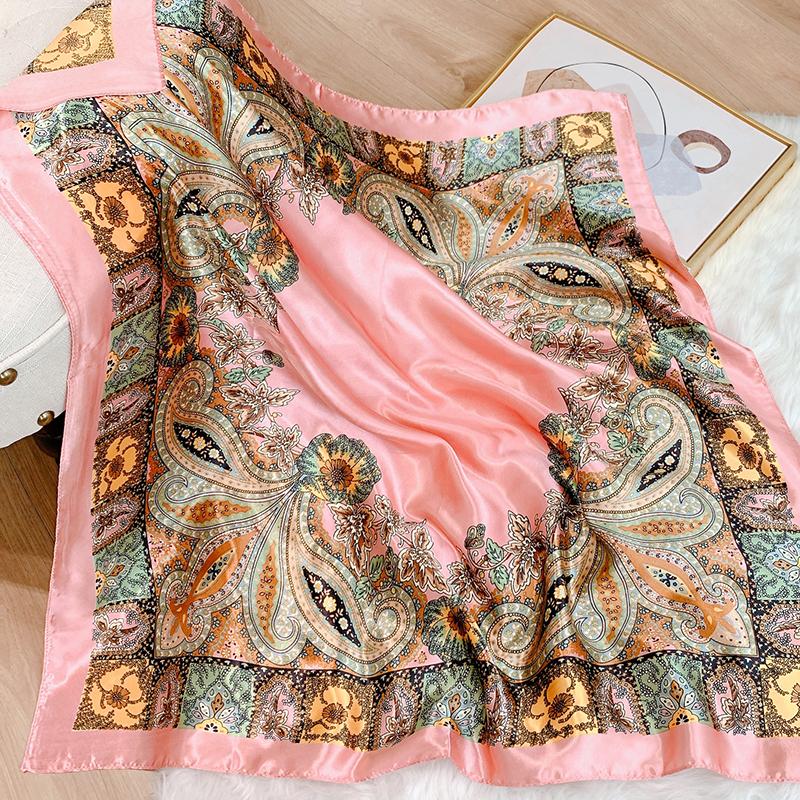Luxury Brand Foulard Neckerchief Shawl Wraps Print Silk Satin Scarf Square Women Muslim Hijab Elegant Headband Bandana
