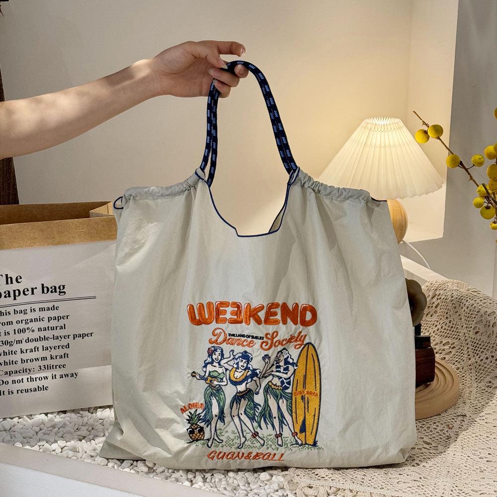 Japanese Style Handmade Waterproof Nylon Canvas Bag with Embroidered Patterns, Large Capacity