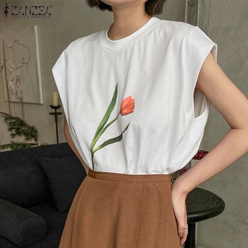 

ZANZEA Летняя повседневная футболка без рукавов с цветочным принтом и круглым вырезом