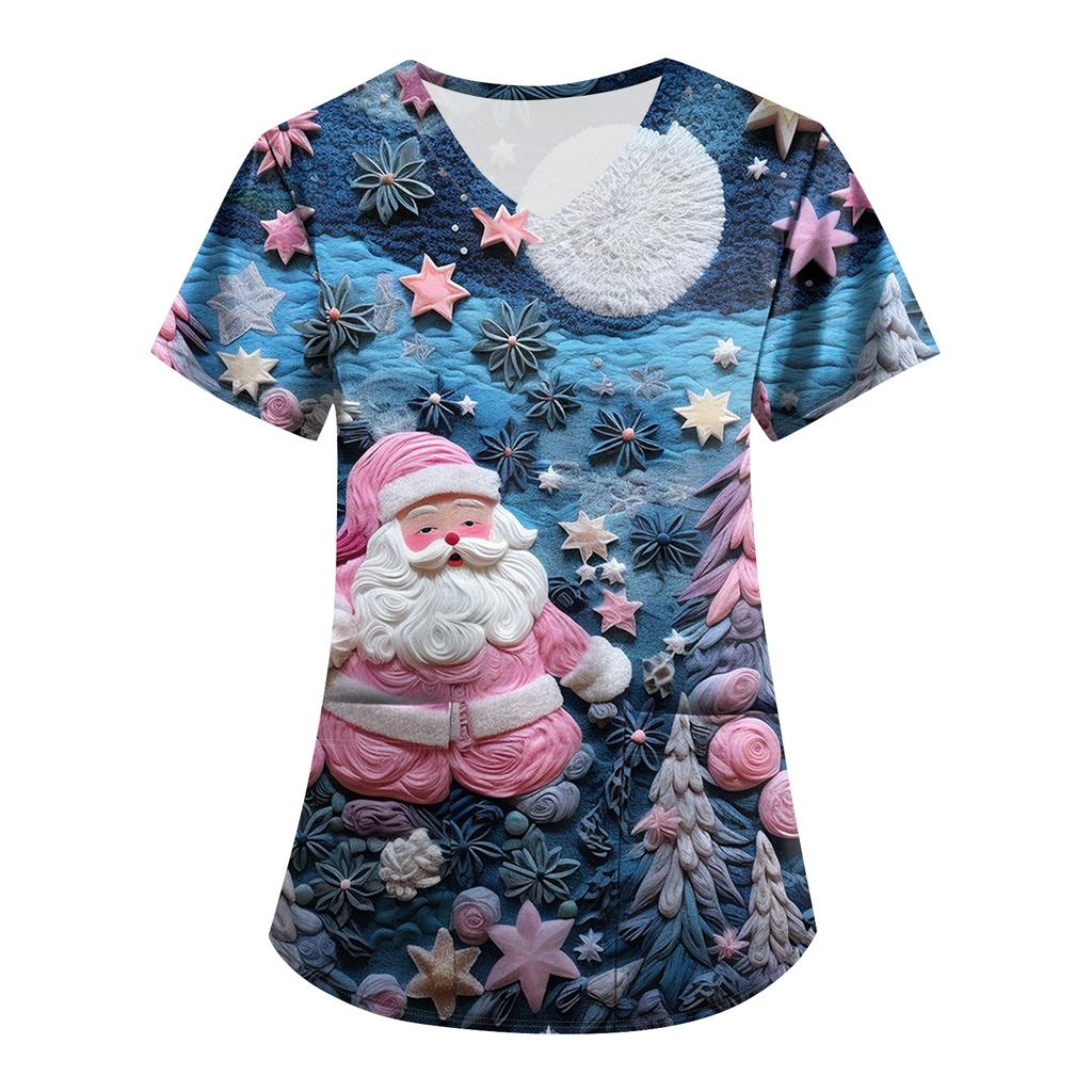 Plus SizePrinted Scrub Working Uniform Tops For Women's Cross V-Neck Print Short Sleeve Fun T-Shirts Workwear Tee With Pockets