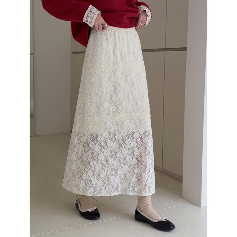 Ge Ming Retro High-Waist Fleece-Lined Lace Layered Winter Skirt for Women (N859C) M (105-120cm) абрикосовый