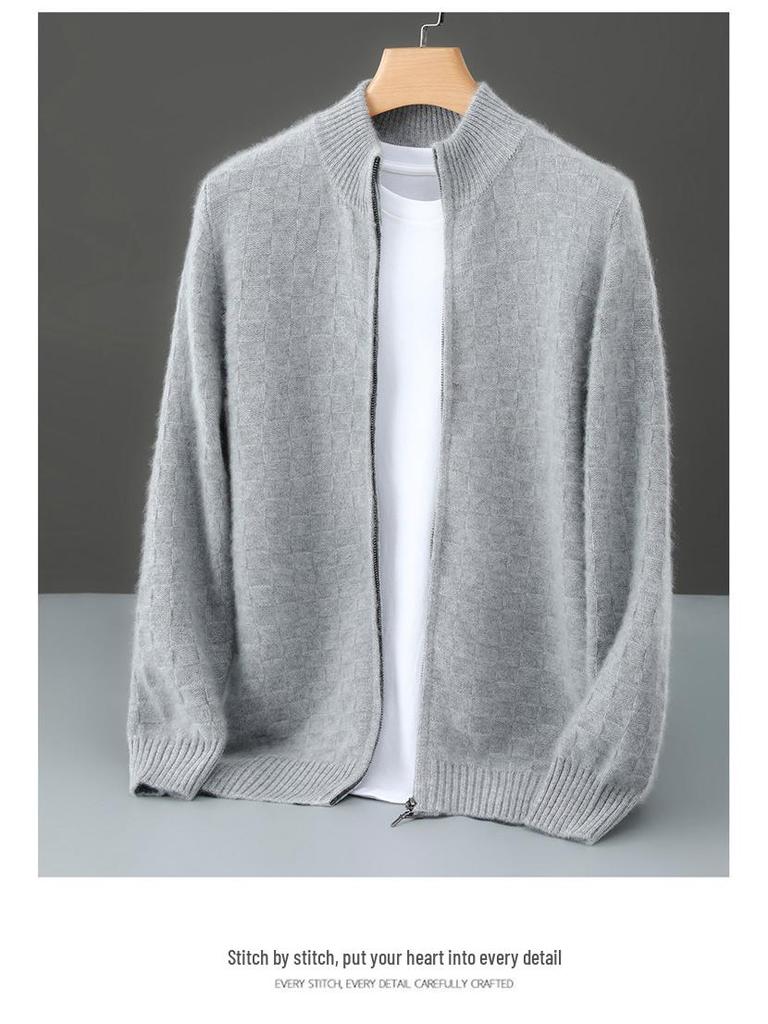 Men's Trendy Plaid Jacquard Wool Cardigan: Loose, Versatile, Long-Sleeved, Knitted, Cashmere Blend, Seven-Needle Thick.