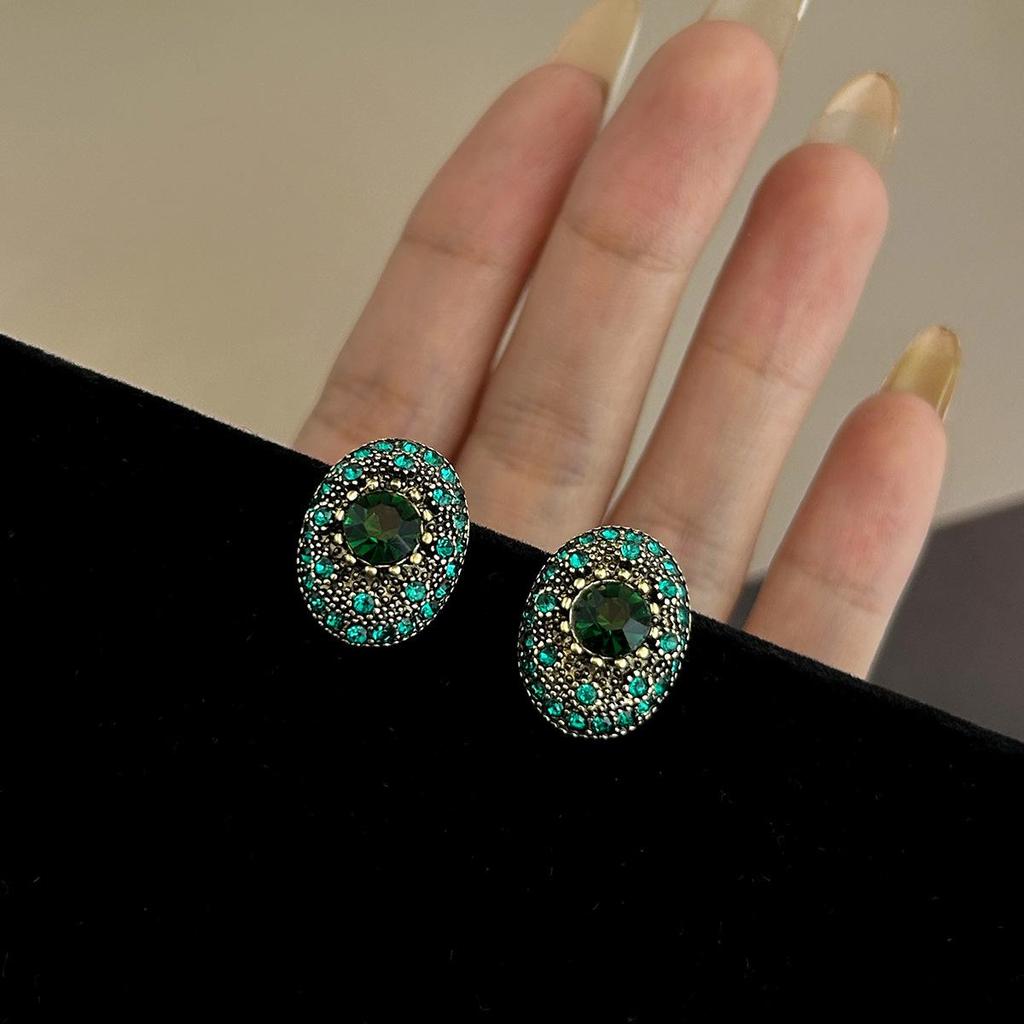 Silver Needle Korean Street Style Vintage Emerald Earrings with Diamond Accent - Trendy Luxury Fashion for Women